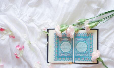 blue and white book on white and pink floral textile