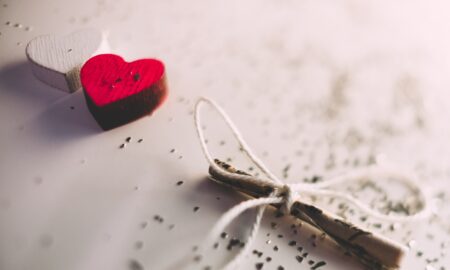 macro shot photography of red and white heart ornament