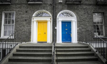 Two Closed Yellow and Blue Doors