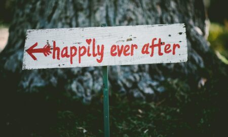 gray and red happily ever after wooden signage