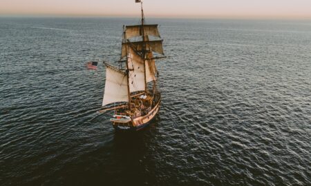 brown sailboat in beach under white sky